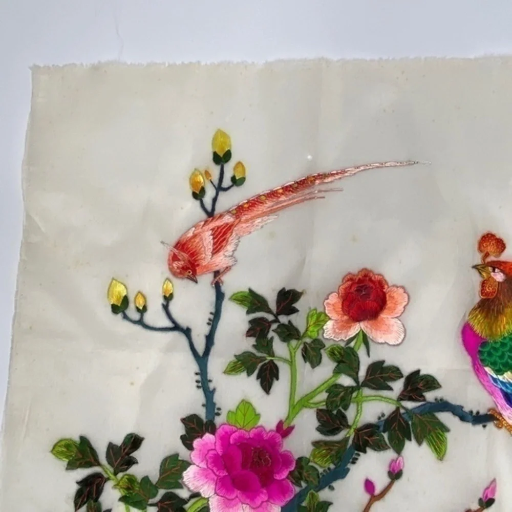 Vintage Japanese Silk Hand Embroidered Embroidery Birds and Flowers Needlepoint